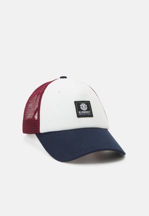 Trucker cap with a white front, maroon mesh back, and navy peak; features a black logo patch at the front.