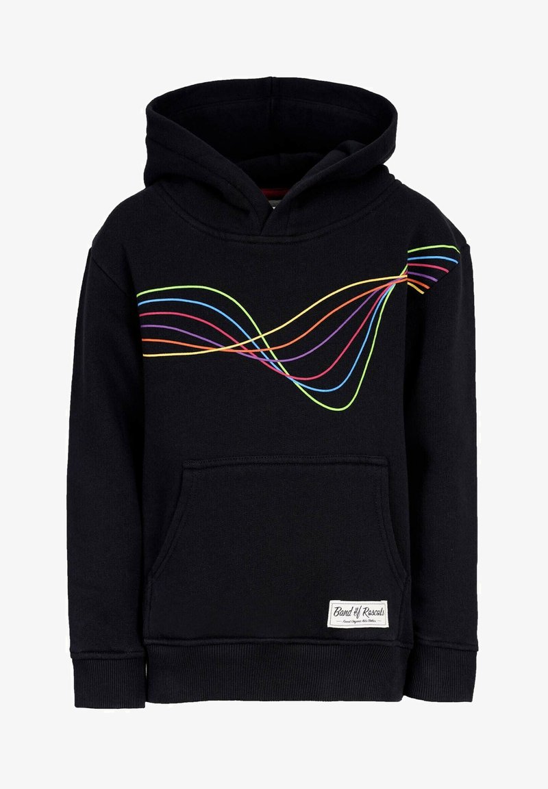Sorte hættetrøje med en frontlomme, udstyret med multikolor bølgede linjer i grøn, pink, blå, orange og gul henover brystet. Fremstillet af bomuldsstof.