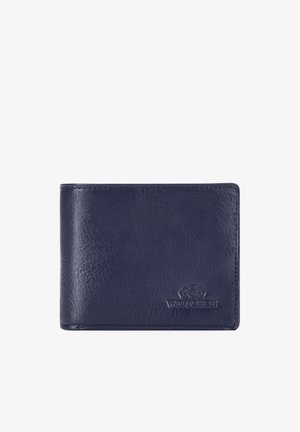Dark blue leather bifold wallet with textured surface and embossed brand logo in the lower right corner.