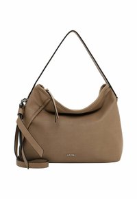 Beige perforated leather handbag with a soft shape, featuring a single shoulder strap and a detachable crossbody strap. Silver hardware accents.