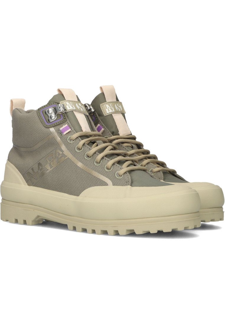 Hochformatige Olivgrüne und Beige Canvas-Stiefel mit dicken Profilsohlen, Metallösen und markierten Stoffakzenten.