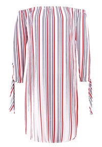 Olkapäiltä avonainen yläosa, jossa on kolme neljänneksen hihoja ja pystysuorat punaiset, laivastonsiniset ja valkoiset raidat. Kevyt kangas, jossa on solmukoristeet hihoissa.