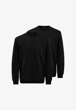 Zwei schlichte schwarze Sweatshirts mit Rundhalsausschnitt, langen Ärmeln, gerippten Bündchen und Säumen, dargestellt auf weißem Hintergrund.