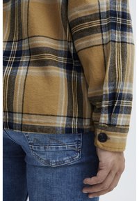 Yellow and blue checkered flannel shirt with a soft texture, featuring a buttoned cuff and contrasting denim jeans with embroidered pocket detail.