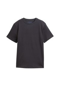 Black crew-neck t-shirt made of smooth cotton fabric. Short sleeves with a relaxed fit. Simple, solid color with no patterns or accents.