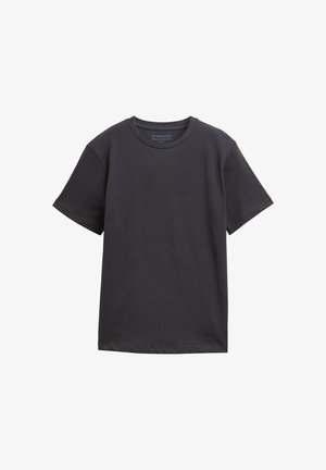 Black crew-neck t-shirt made of smooth cotton fabric. Short sleeves with a relaxed fit. Simple, solid color with no patterns or accents.