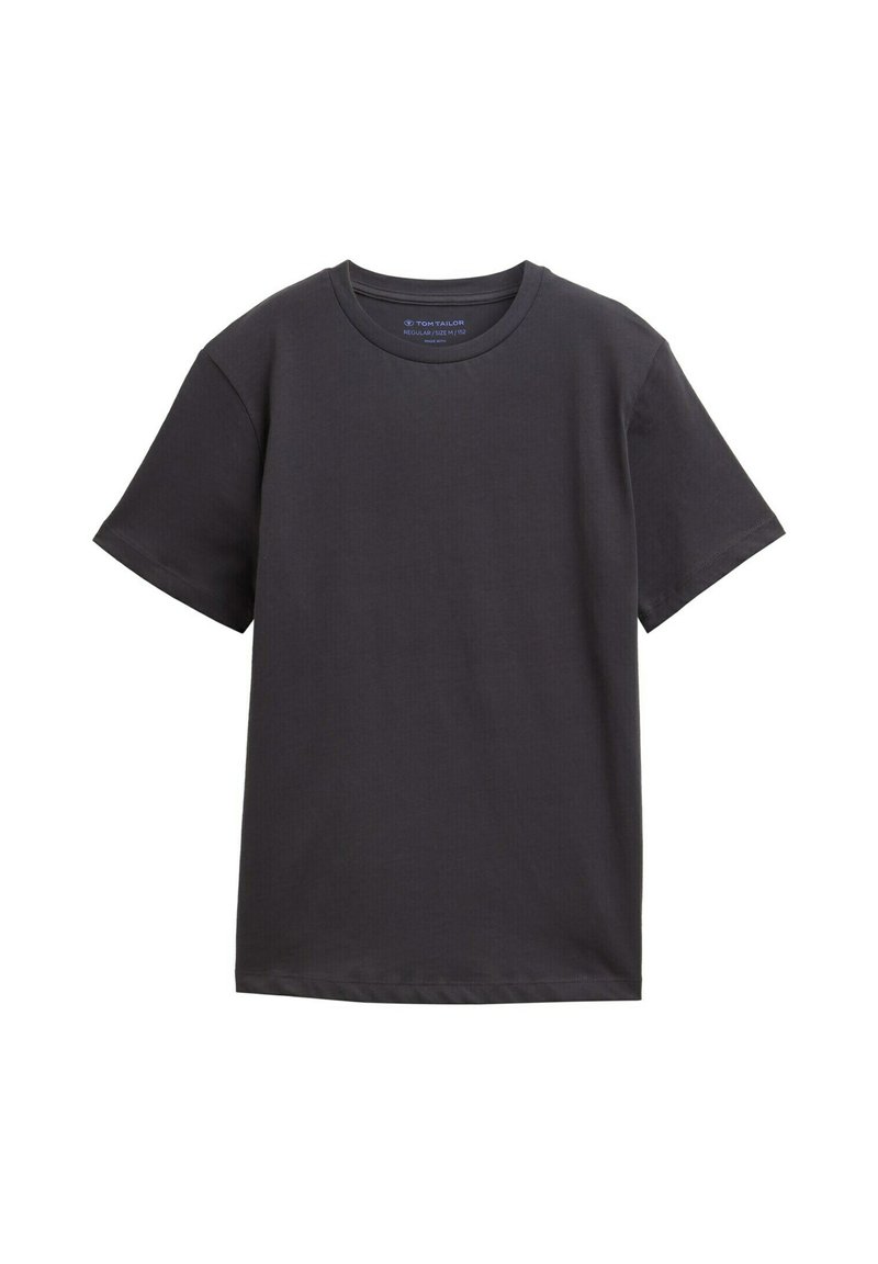 Black crew-neck t-shirt made of smooth cotton fabric. Short sleeves with a relaxed fit. Simple, solid color with no patterns or accents.