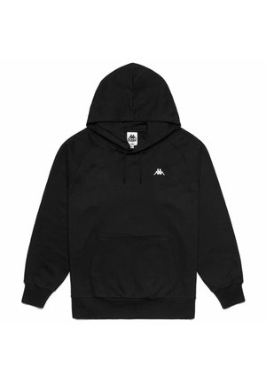 Sudadera negra Kappa con bolsillo tipo canguro delantero, capucha con cordón, puños acanalados y pequeño logo blanco en el pecho izquierdo.