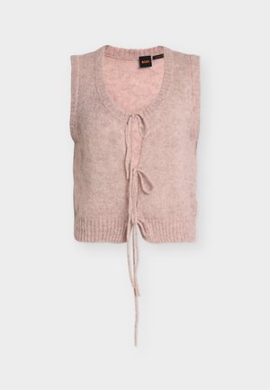 Veste sans manches en maille rose douce, col rond et deux fermetures à nouer à l'avant, ourlet côtelé et étiquette de la marque BOSS à l'intérieur du col.
