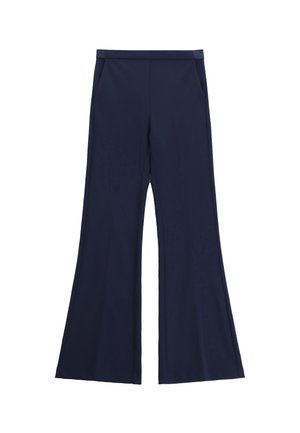 Pantaloni a palazzo blu navy realizzati in tessuto morbido, con una vita liscia e due tasche laterali per funzionalità.