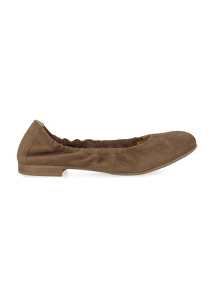 Brown suede ballet flat with elasticized sides and a low wooden heel, shown in side profile on a white background.