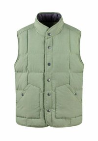 Gilet matelassé vert clair avec col montant, boutons-pression, deux grandes poches avant et une texture lisse. L'intérieur a une doublure plus foncée.
