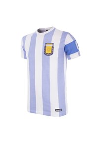 Lichtblauw en witte gestreepte t-shirt met een ronde hals, voorzien van een zak versierd met een geel embleem en een blauwe mouwaccent.