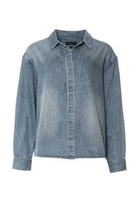 Light blue denim shirt with buttons, a pointed collar, and long sleeves. Features a relaxed fit and subtle texture.