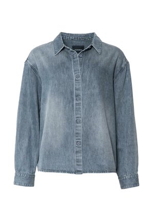 Light blue denim shirt with buttons, a pointed collar, and long sleeves. Features a relaxed fit and subtle texture.