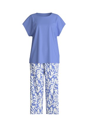 Top corto lavanda a maniche corte abbinato a pantaloni a gamba larga con motivi di creature marine bianche e coralli.