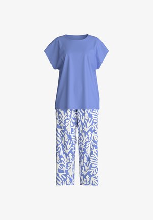 Top corto lavanda a maniche corte abbinato a pantaloni a gamba larga con motivi di creature marine bianche e coralli.