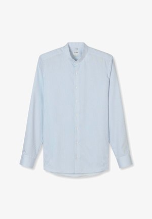 Light blue long-sleeve men's dress shirt with thin white vertical stripes, mandarin collar, and button-down front on a white background.