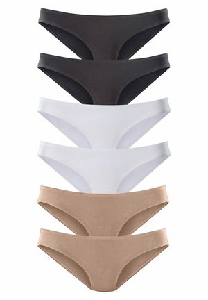 Five pairs of women's briefs in black, white, and beige. Smooth fabric with a classic cut and elastic waistband, arranged in a stack.