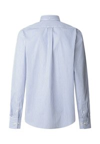 Camisa de manga larga a rayas en azul claro y blanco con cuello abotonado, que presenta una parte trasera con corte recto y puños abotonados.