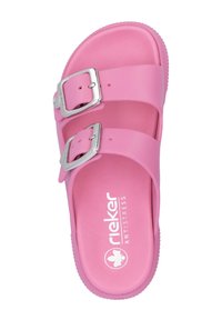 Pink slide sandal made of smooth, flexible material. Features two wide straps with silver buckles and a textured sole for grip.