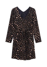 Vestido negro de manga larga, con escote en V, ceñido a la cintura, con un patrón de estampado animal en marrón claro. Textura de tela suave.