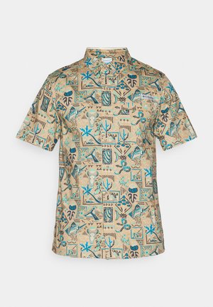 Short-sleeve shirt in beige with a colorful geometric and nature-inspired pattern. Features a classic collar and embroidered logo detail.