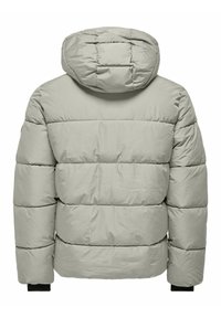 Ljusgrå puffjacka med ett quiltat mönster och huva, med en slät textur och elastiska ärmslut. Bakifrån syns horisontella sömmar.