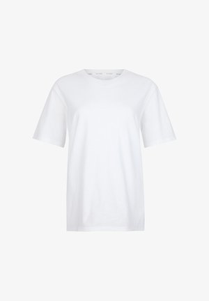 Hvid kortærmet T-shirt lavet af bomuld, med rund hals og en afslappet pasform. Glat tekstur med minimal detaljering.