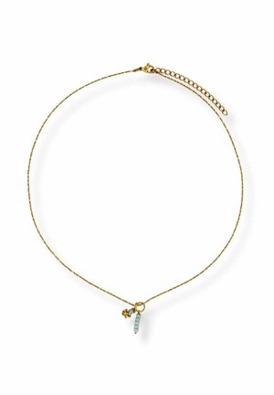 Thin gold chain necklace with a small gold star charm and a light blue segmented pendant hanging near the clasp.