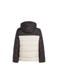 Pufferjacke met capuchon, met een gesplitst ontwerp in zwart en beige. Gevoerde textuur met zichtbare stiksels en een relaxte pasvorm.
