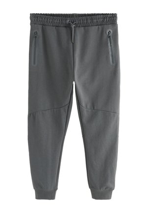 Pantalones deportivos grises con cintura elástica, cordón ajustable y dos bolsillos laterales con cremallera. Confeccionados con tela suave de textura lisa.