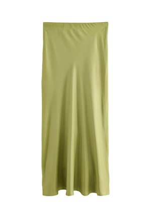 Limegrön, knälång kjol av slät tyg, med elastisk midjeresår och en flödande silhuett. Inga synliga mönster eller detaljer.