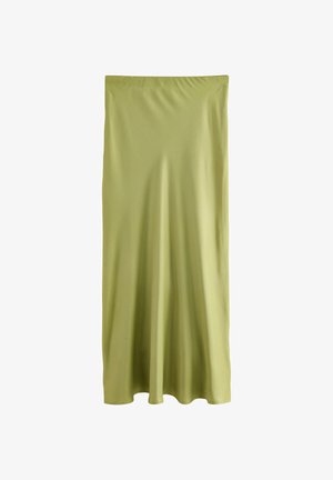 Gonna verde lime, lunga fino al ginocchio, realizzata in tessuto liscio con cintura elastica e silhouette fluida. Nessun motivo o dettaglio visibile.