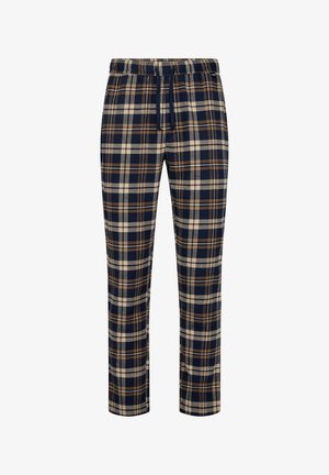 Plaid pajama pants in navy blue, beige, and brown. Made of soft fabric, featuring an elastic waistband and a relaxed fit.