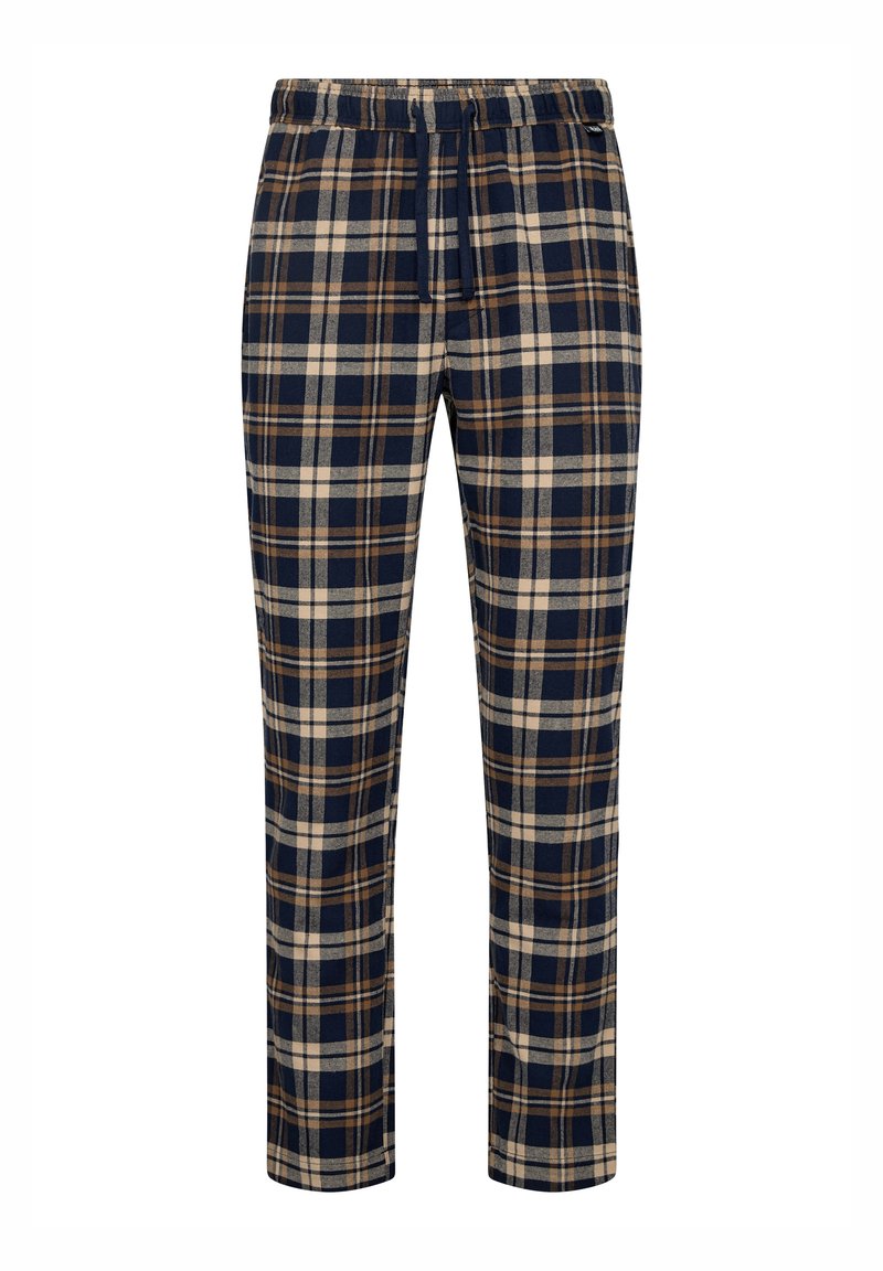 Plaid pajama pants in navy blue, beige, and brown. Made of soft fabric, featuring an elastic waistband and a relaxed fit.