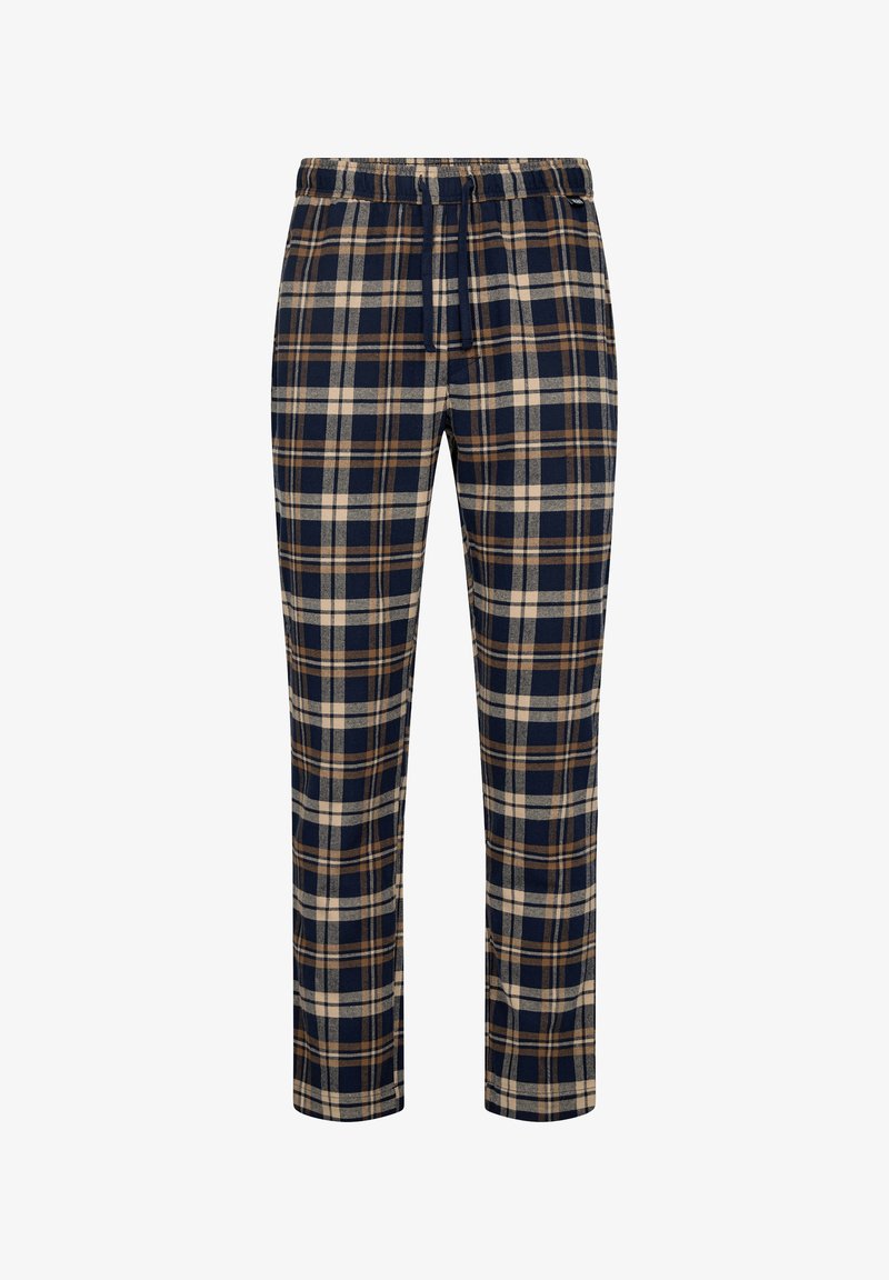 Plaid pajama pants in navy blue, beige, and brown. Made of soft fabric, featuring an elastic waistband and a relaxed fit.