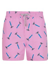 Roze zwembroek met een herhaald patroon van grijze en blauwe hamers. Elastische tailleband met een trekkoord voor aanpassing. Lichtgewicht materiaal.