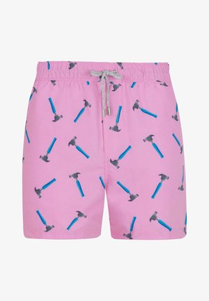 Roze zwembroek met een herhaald patroon van grijze en blauwe hamers. Elastische tailleband met een trekkoord voor aanpassing. Lichtgewicht materiaal.