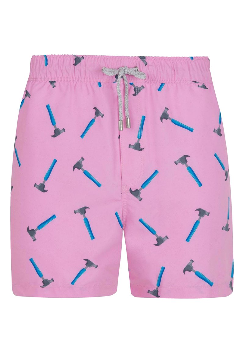 Roze zwembroek met een herhaald patroon van grijze en blauwe hamers. Elastische tailleband met een trekkoord voor aanpassing. Lichtgewicht materiaal.