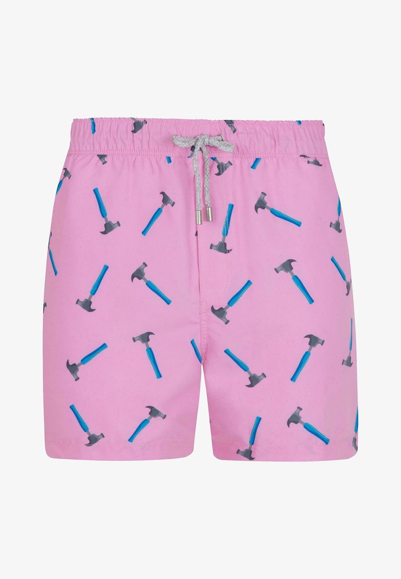 Roze zwembroek met een herhaald patroon van grijze en blauwe hamers. Elastische tailleband met een trekkoord voor aanpassing. Lichtgewicht materiaal.