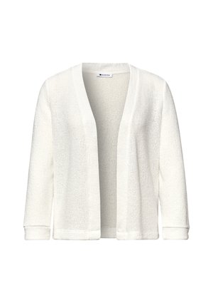 Cardigan en tricot blanc à devant ouvert, manches longues et tissage texturé, conçu pour un usage décontracté.