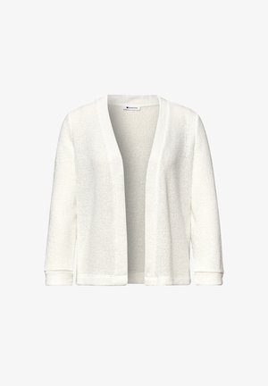 Hvid åben strikket cardigan med lange ærmer og en struktureret vævning, designet til afslappet brug.