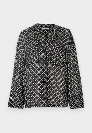 Čiernobiela košeľa so vzorom, s golierom, prednými vreckami a gombíkmi. Vyznačuje sa geometrickým krížovým vzorom na ľahkej tkanine.