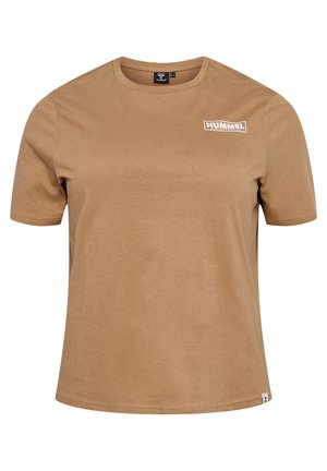 Brown short-sleeve cotton T-shirt with round neck, small white "Hummel" logo on chest and a small tag near the hem.