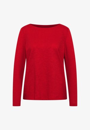 Punainen pitkähihaisen paita, jossa on pyöreä kaula-aukko ja se on valmistettu teksturoidusta kankaasta. Ominaisuuksiin kuuluu rento istuvuus, suorat saumat ja yksinkertainen muotoilu.