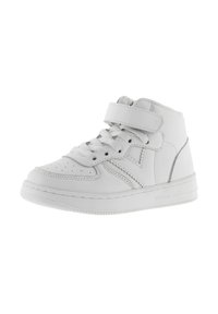 Sneaker alta bianca con allacciatura davanti e strap in velcro regolabile su uno sfondo bianco semplice.