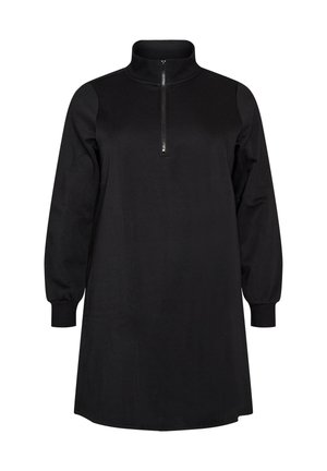 Zizzi, SWEATKLEID MIT HOHEM RIPPKRAGEN UND REISSVERSCHLUSS - Sweat Dress - schwarz