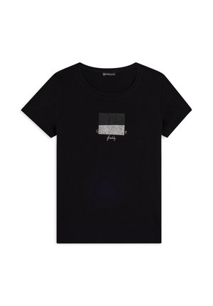 Maglietta nera a maniche corte, collo rotondo, con una grafica luccicante a forma di quadrato con sfumature di nero e argento, e la parola "freddy" in bianco.