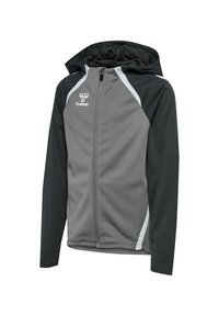 Chaqueta con cremallera en gris y negro, con capucha, que presenta una textura mezclada, acentos en blanco, un diseño deportivo y el logo de Hummel en el pecho.